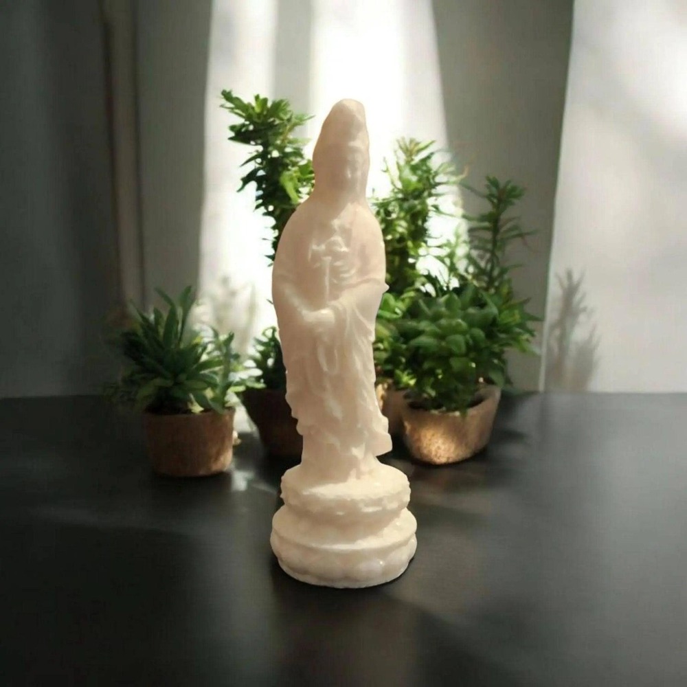 White Jade Guanyin Goddess Carving | Compassion, Wisdom & Peace Statue